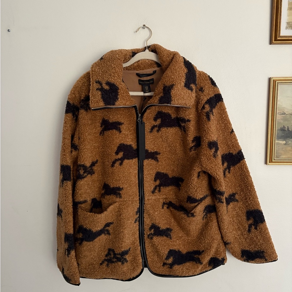 House of Harlow Sherpa Brown Full Zip Horses Western Boho Jacket Medium NWT